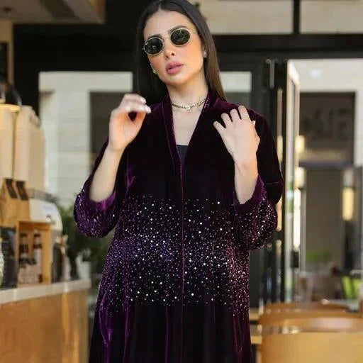 Elegant violet velvet Galaxy abaya with intricate hand embroidery and luxurious texture ideal for special occasions