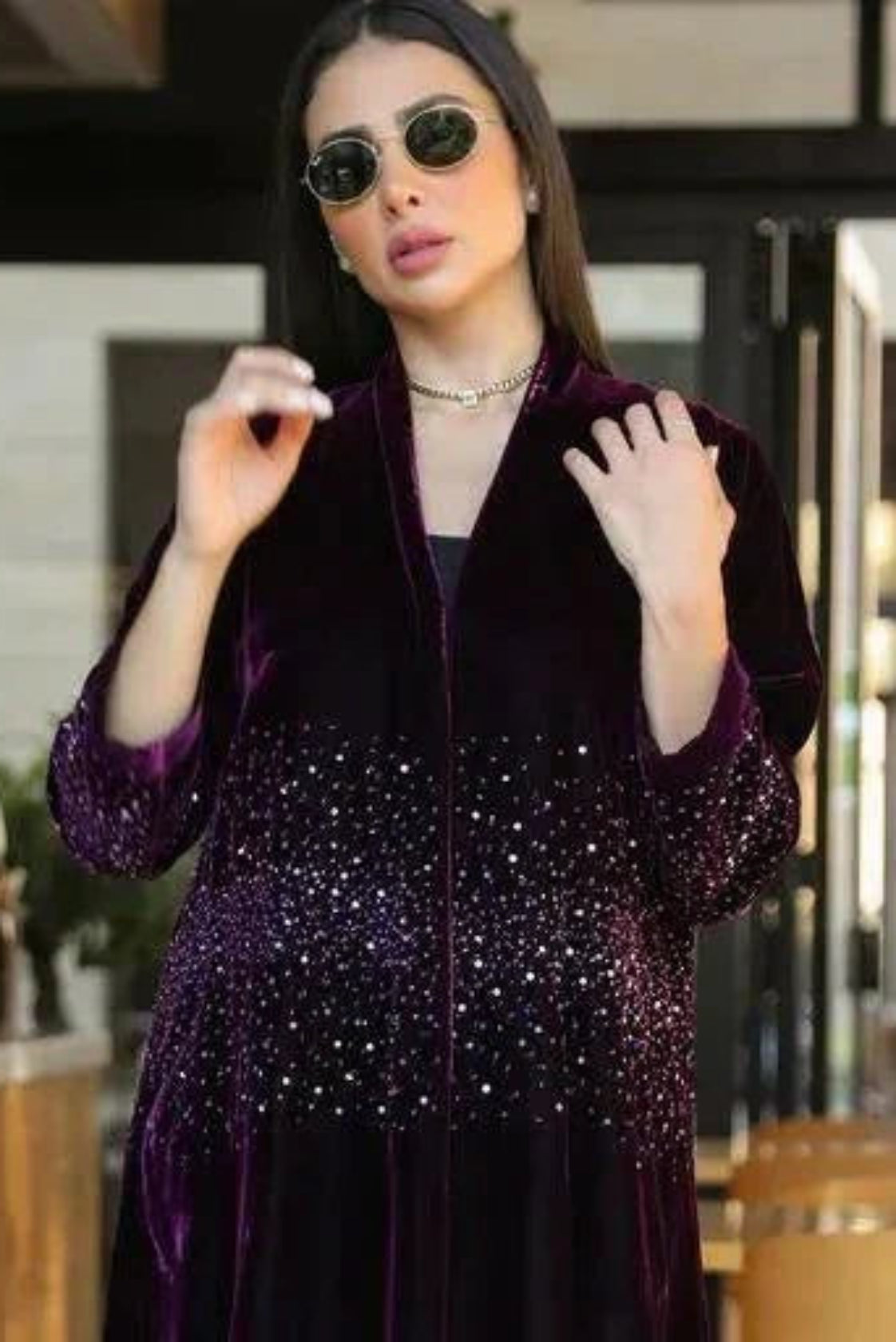 Elegant violet velvet Galaxy abaya with intricate hand embroidery and luxurious texture ideal for special occasions