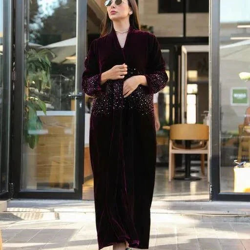 Elegant violet velvet Galaxy abaya with intricate hand embroidery and luxurious texture ideal for special occasions