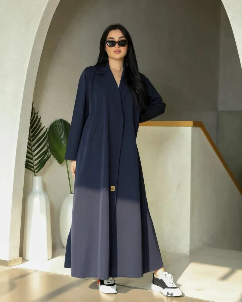 Cinder navy blue blazer-style abaya with sharp lapels and A-line cut in structured crepe fabric