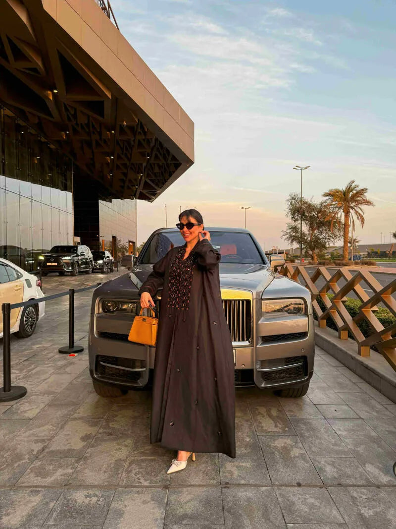 Linen Black Abaya With Orange Embroidery