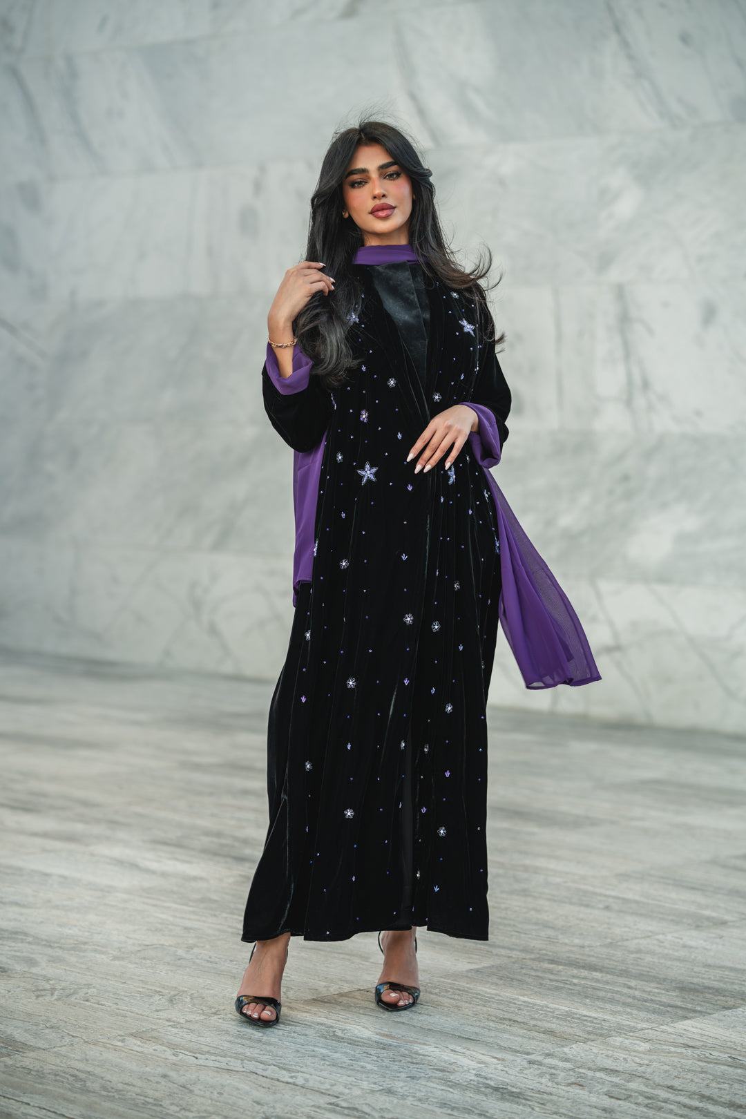 black velvet abaya with silver and lilac star embroidery and purple lining