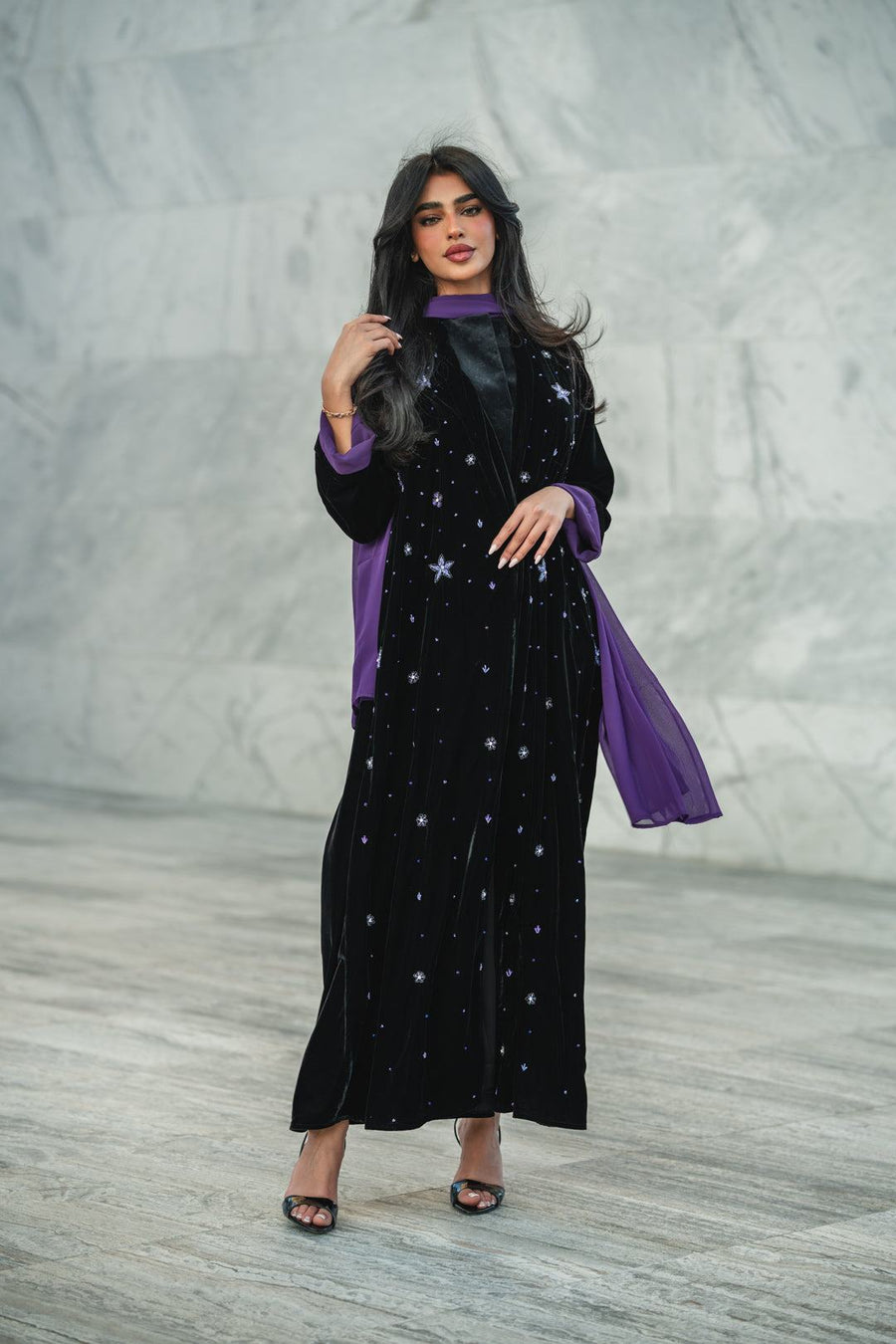 black velvet abaya with silver and lilac star embroidery and purple lining