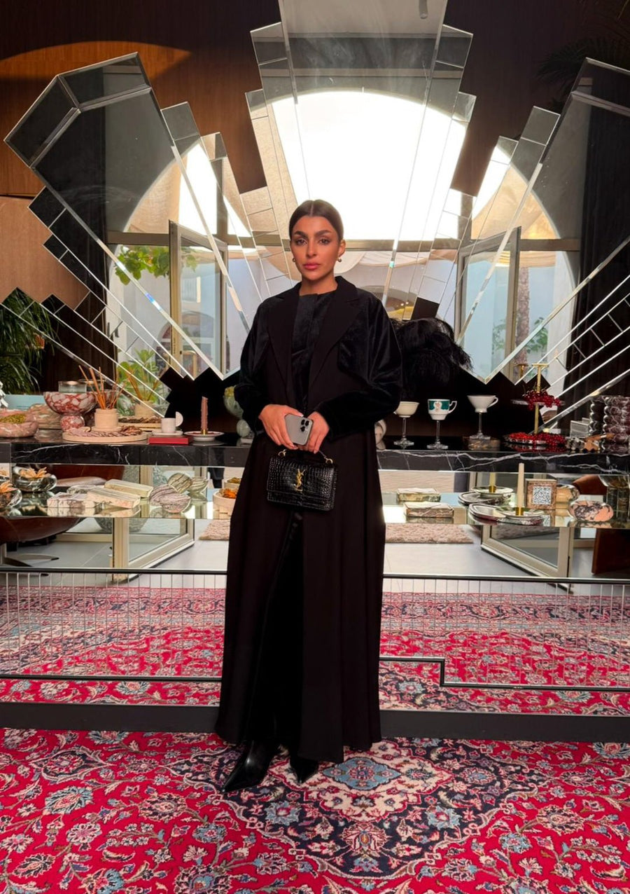Velisse black abaya with crepe body and velvet sleeves featuring a sharp lapel collar for modern elegance