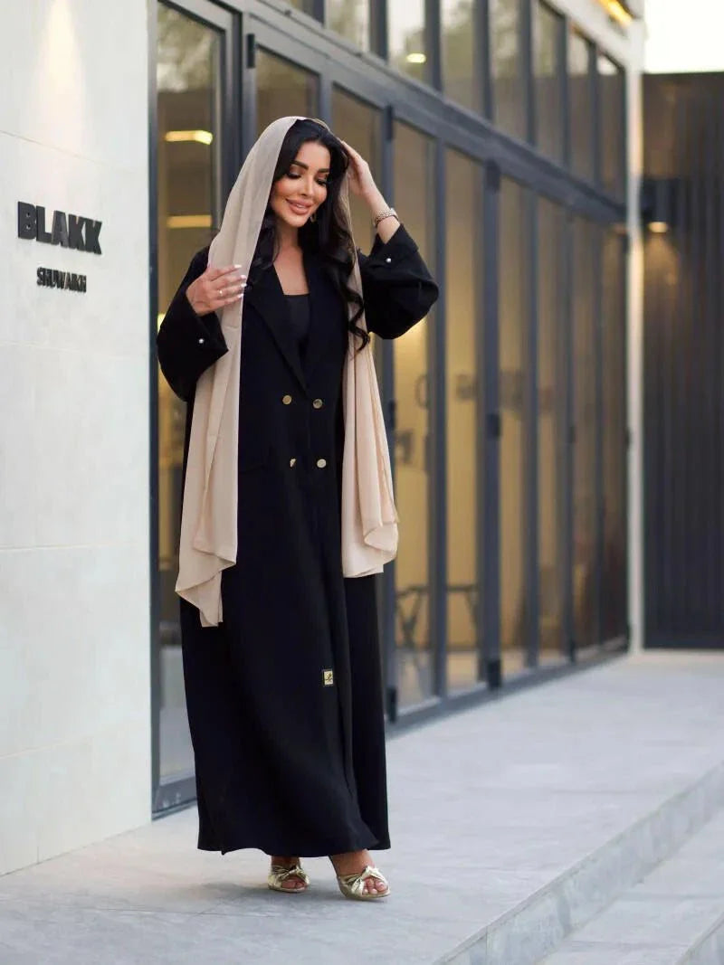 Aurum black tailored crepe blazer abaya with gold buttons and sharp lapels for formal and casual wear
