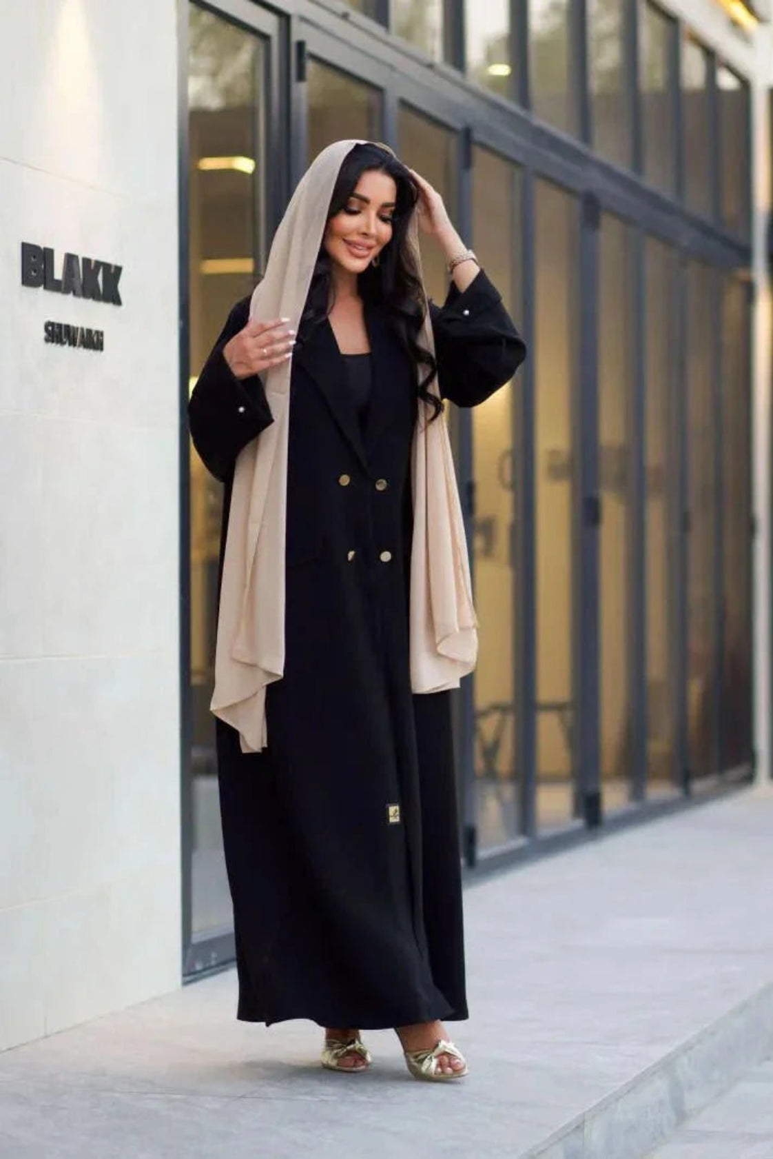 Aurum black tailored crepe blazer abaya with gold buttons and sharp lapels for formal and casual wear