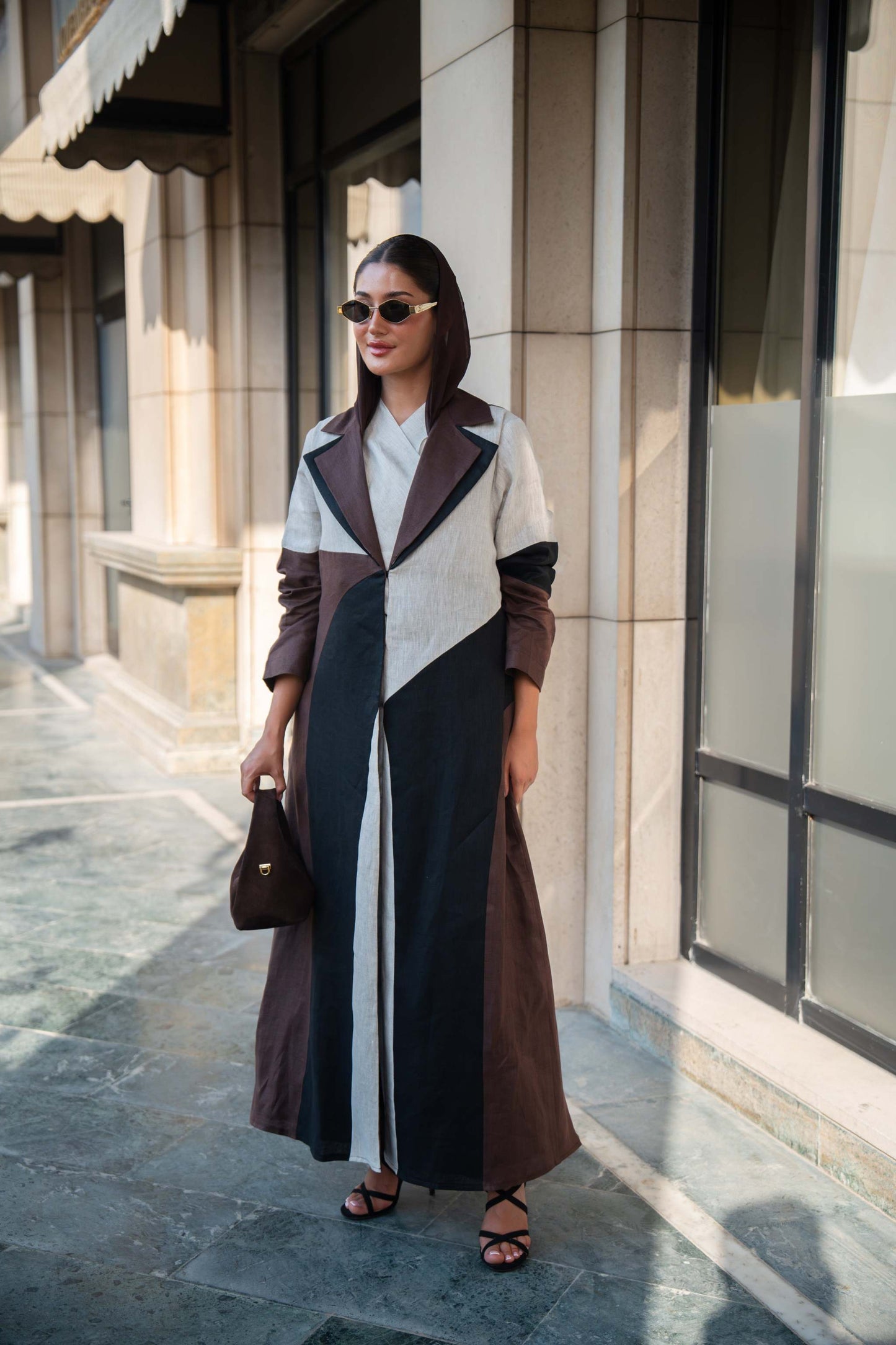 Two-Tone Linen Abaya with Contrast Panels