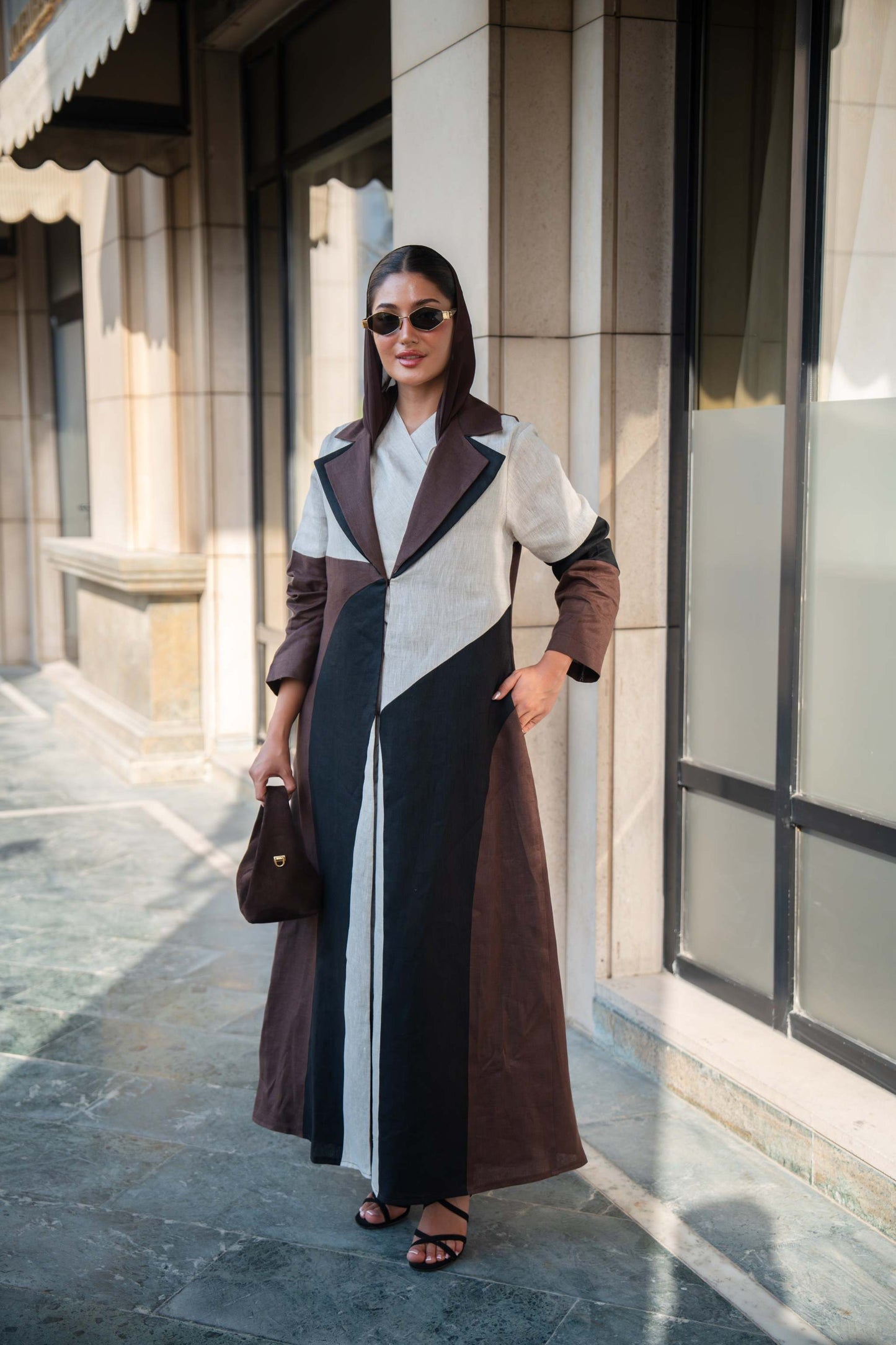 Two-Tone Linen Abaya with Contrast Panels
