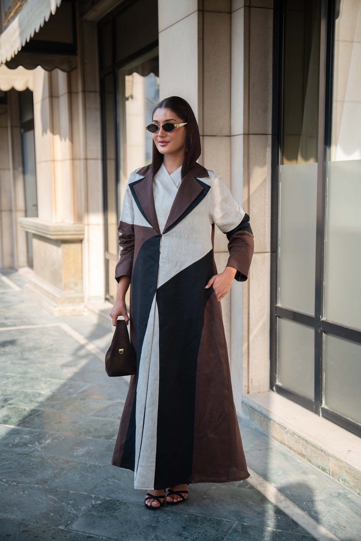 Two-Tone Linen Abaya with Contrast Panels