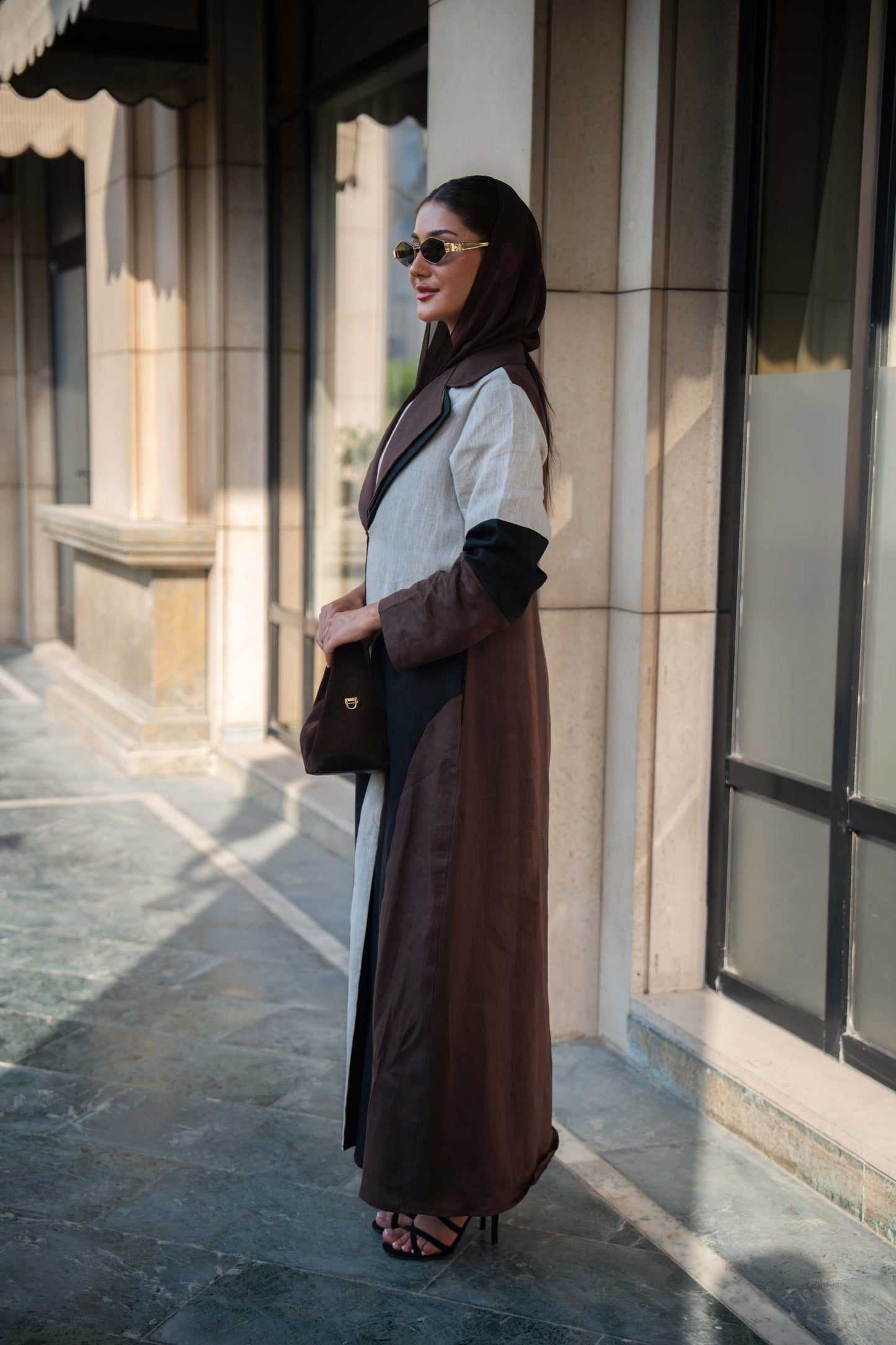 Two-Tone Linen Abaya with Contrast Panels