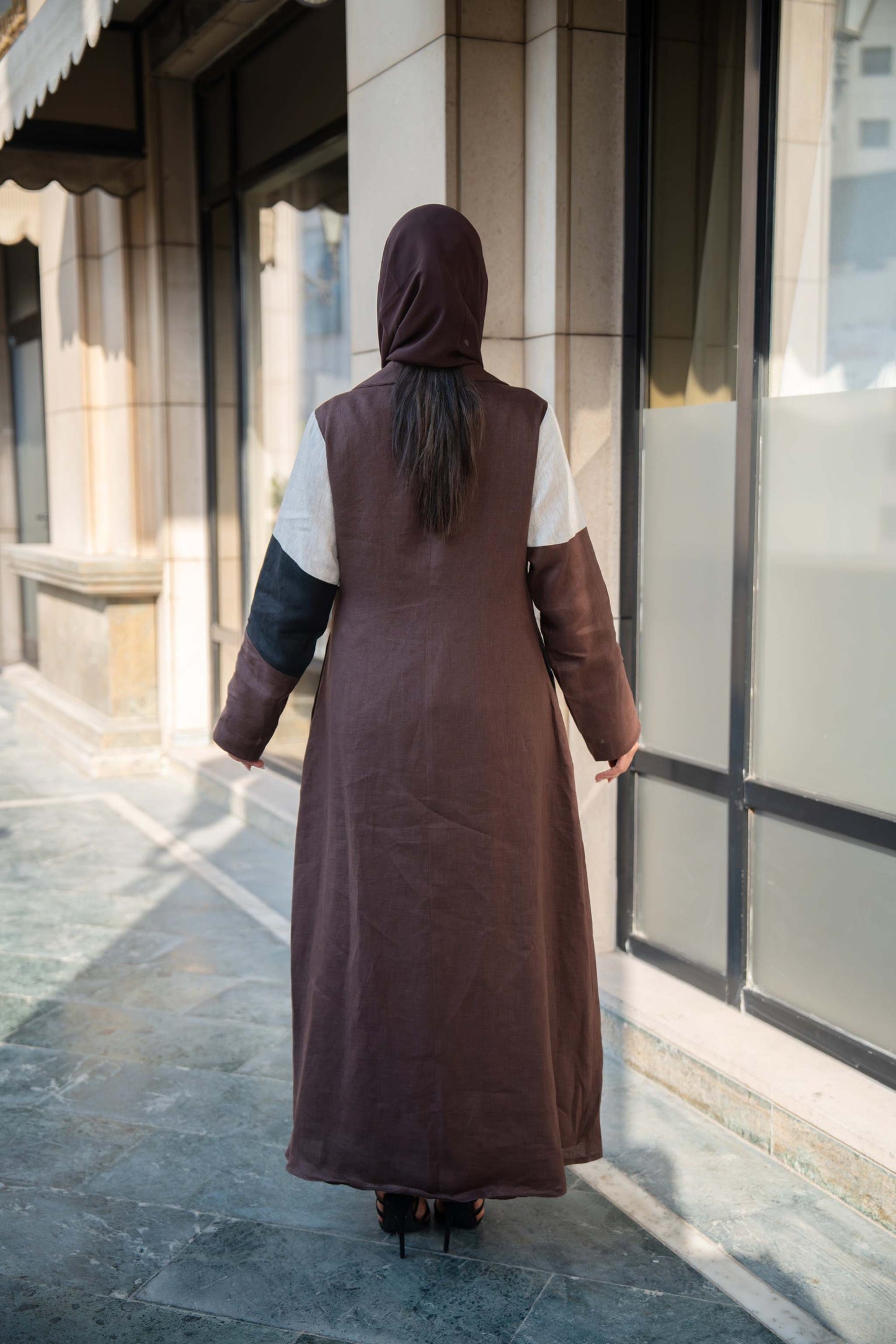 Two-Tone Linen Abaya with Contrast Panels