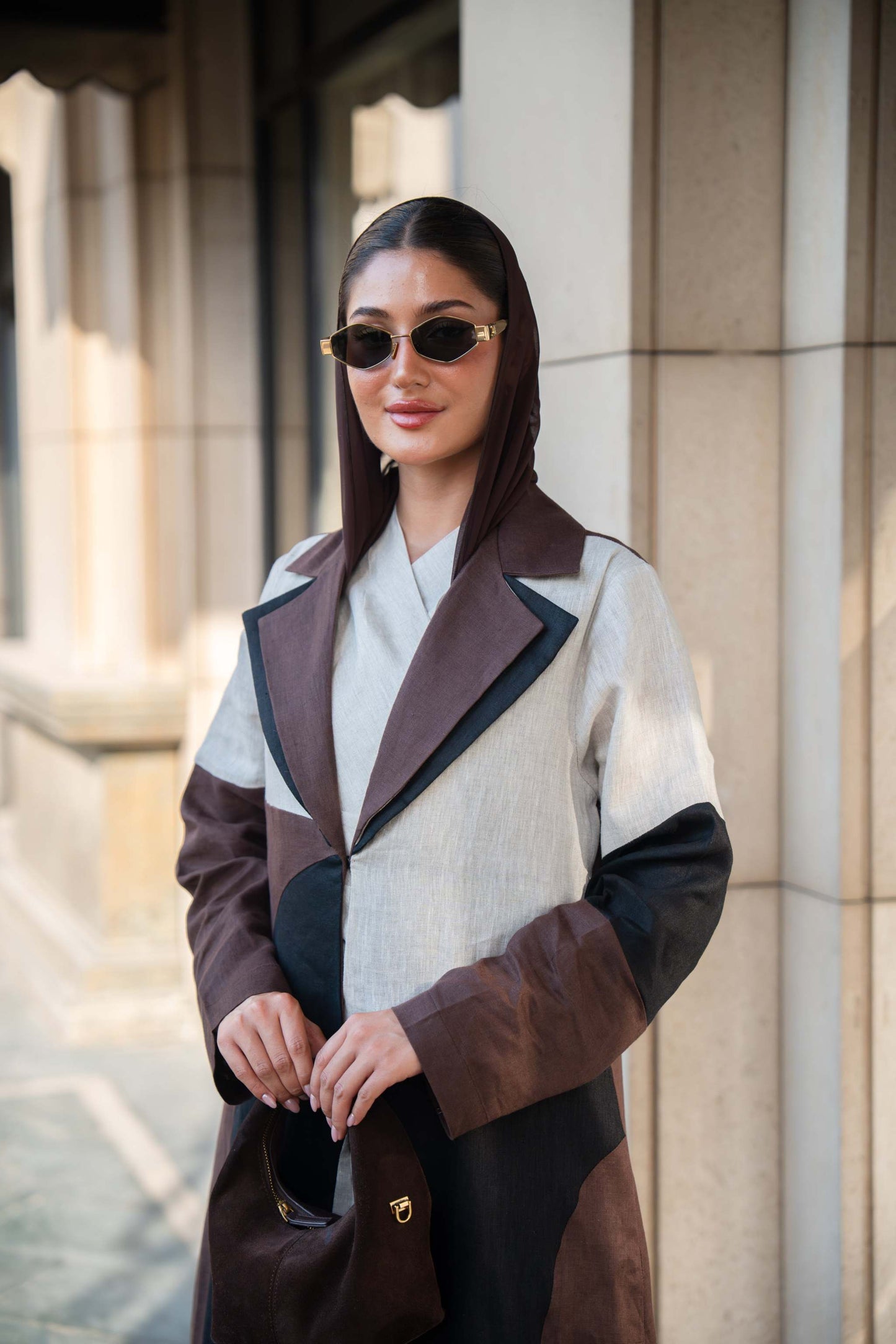 Two-Tone Linen Abaya with Contrast Panels