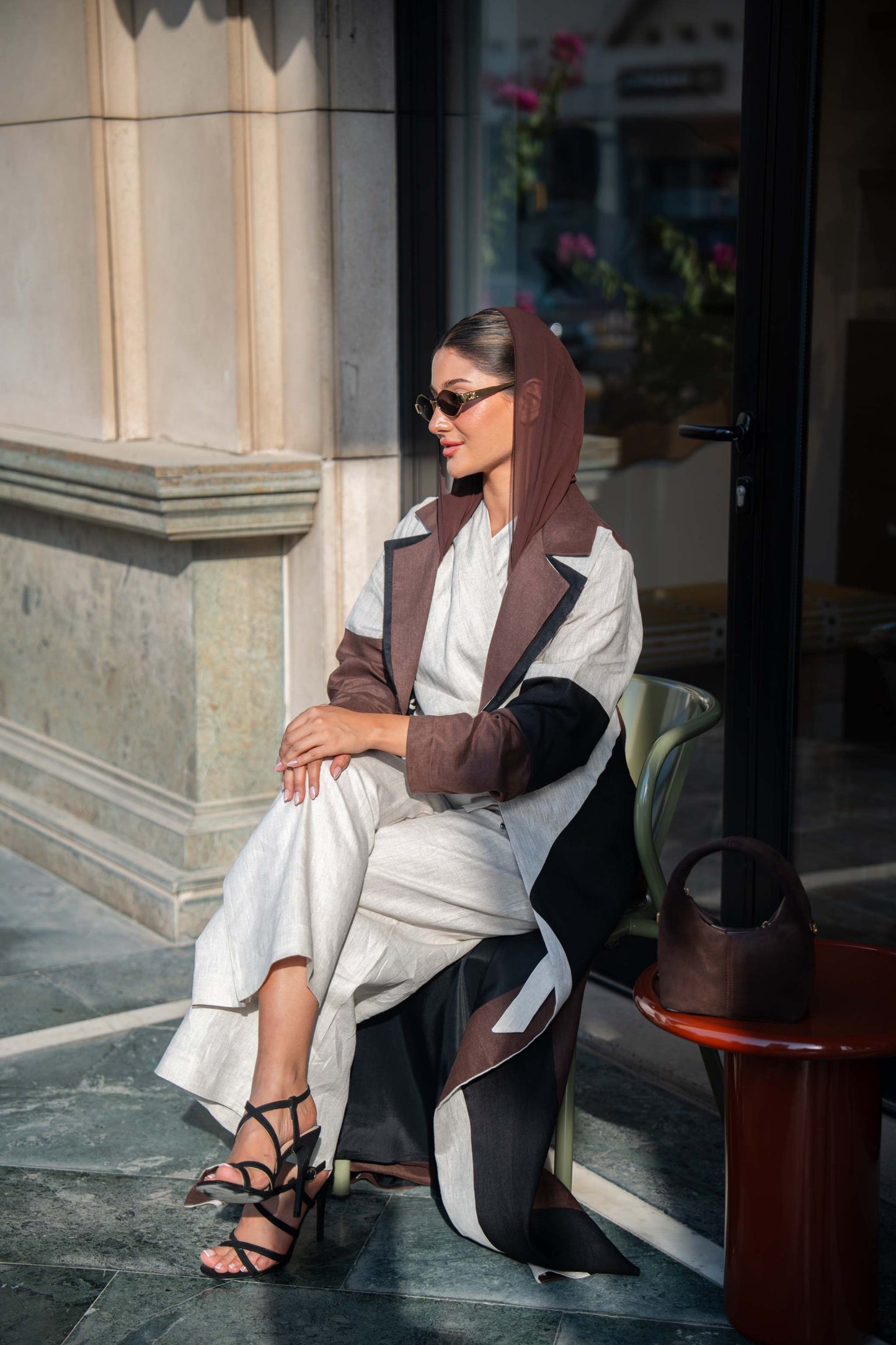 Two-Tone Linen Abaya with Contrast Panels