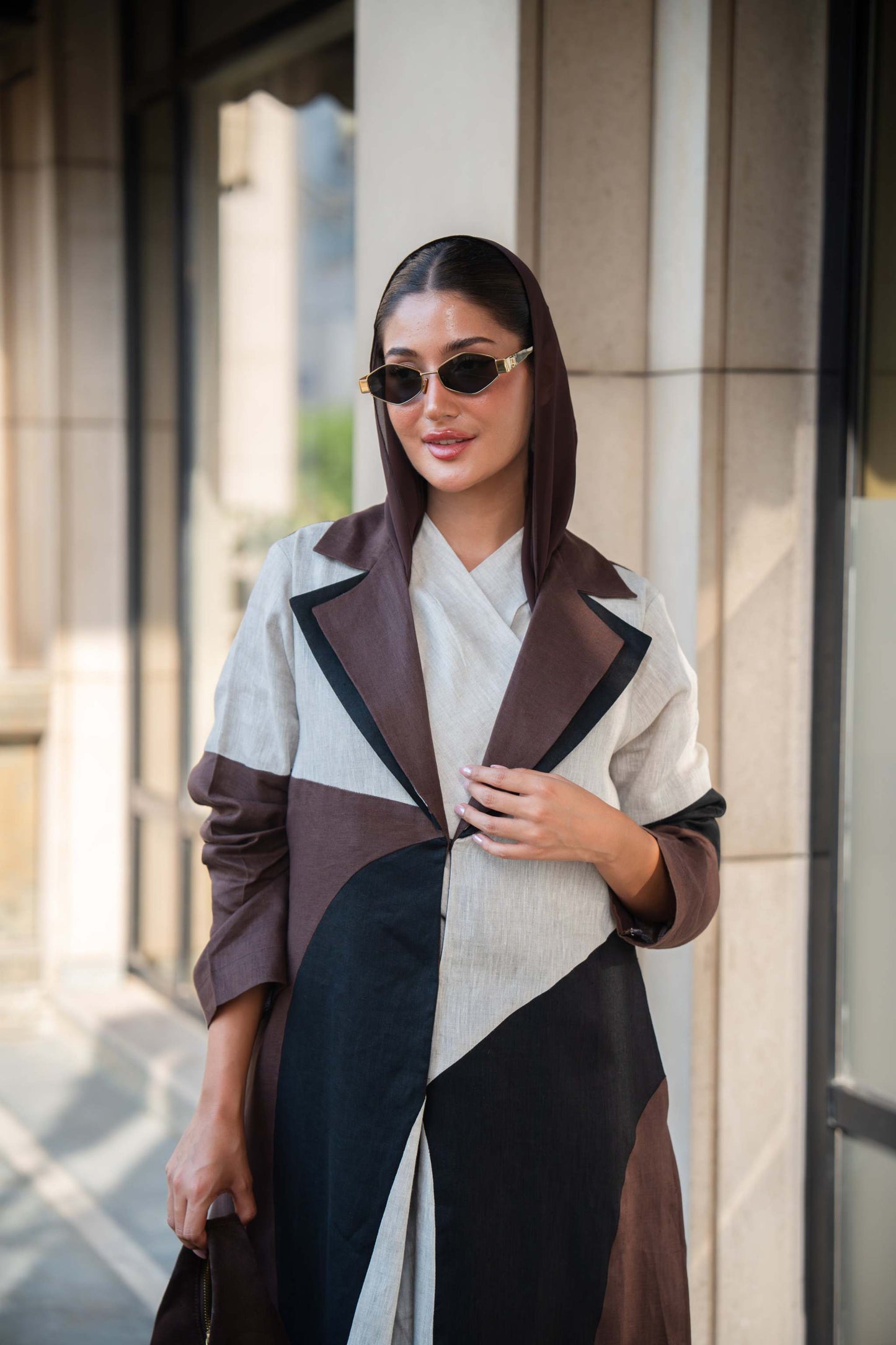 Two-Tone Linen Abaya with Contrast Panels