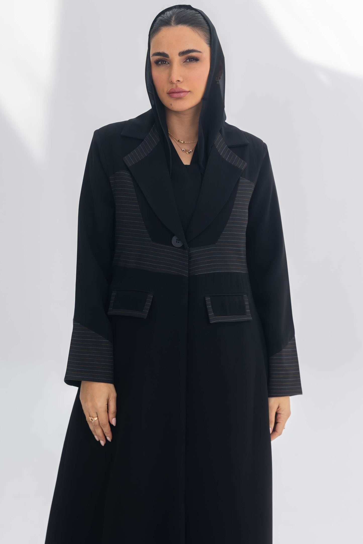 Black crepe blazer abaya with contrasting fabric and sleek modern silhouette for elegant daily and formal wear