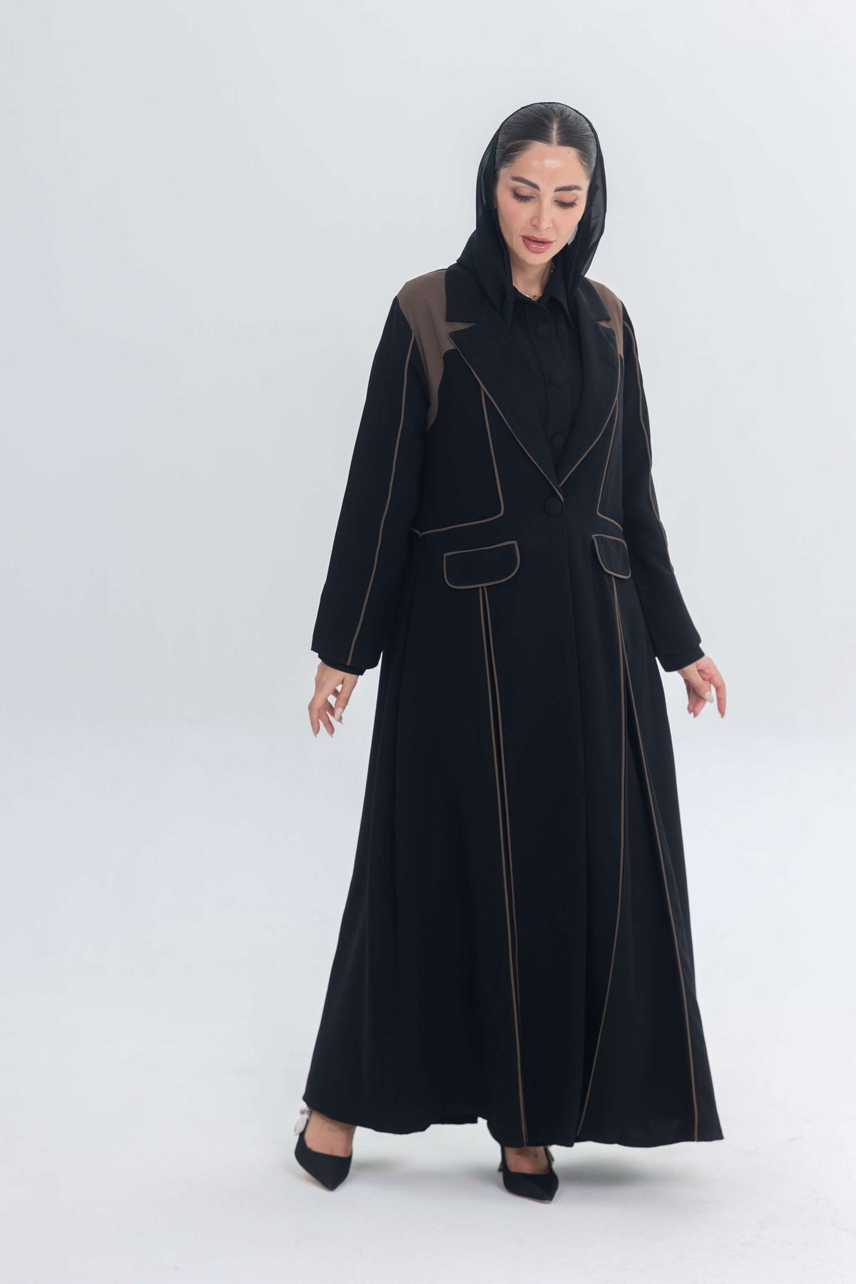 Black abaya with rich brown 3D detailing and refined Cocoa Shadow design