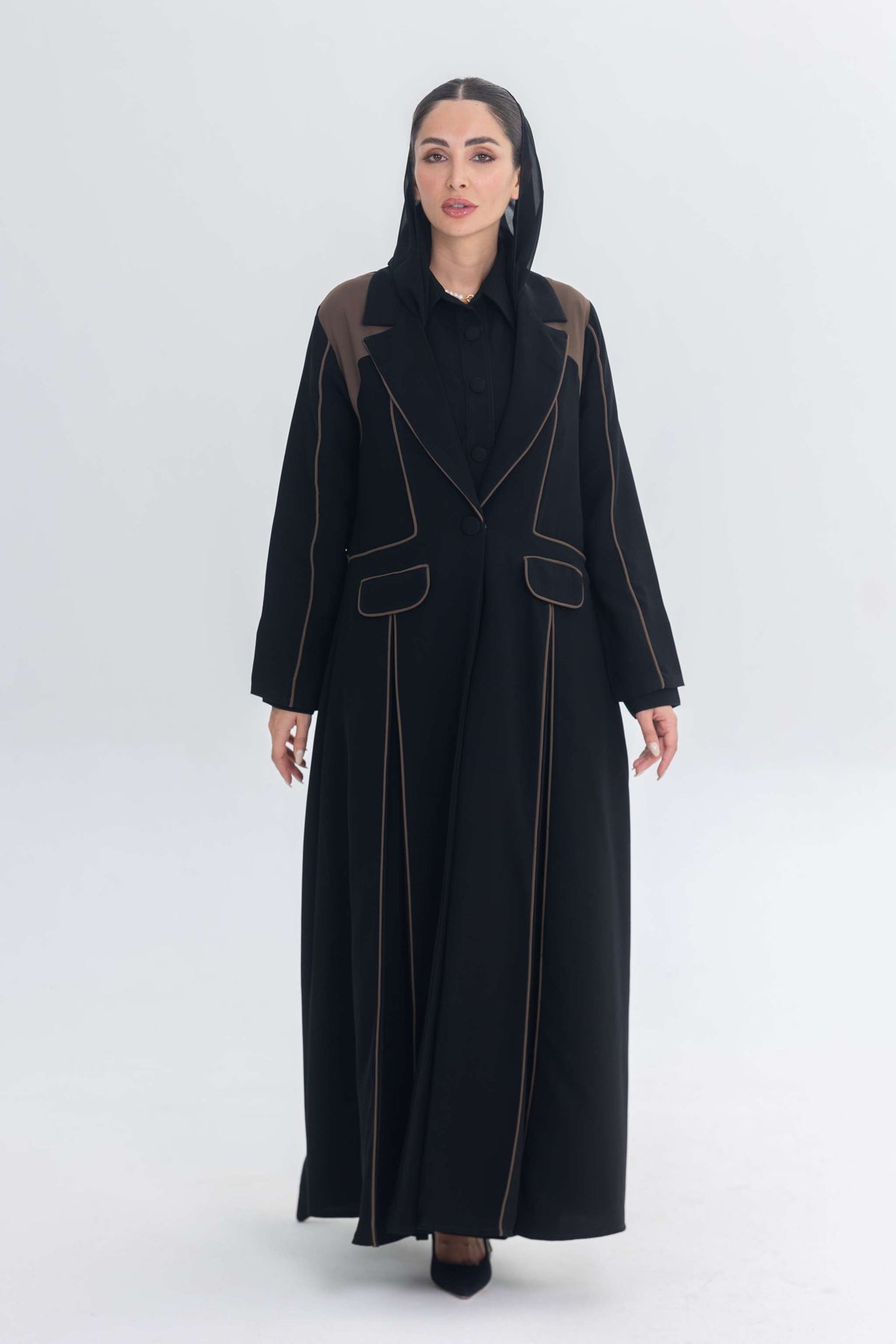 Black abaya with rich brown detailing creating a 3D effect, elegant Cocoa Shadow design