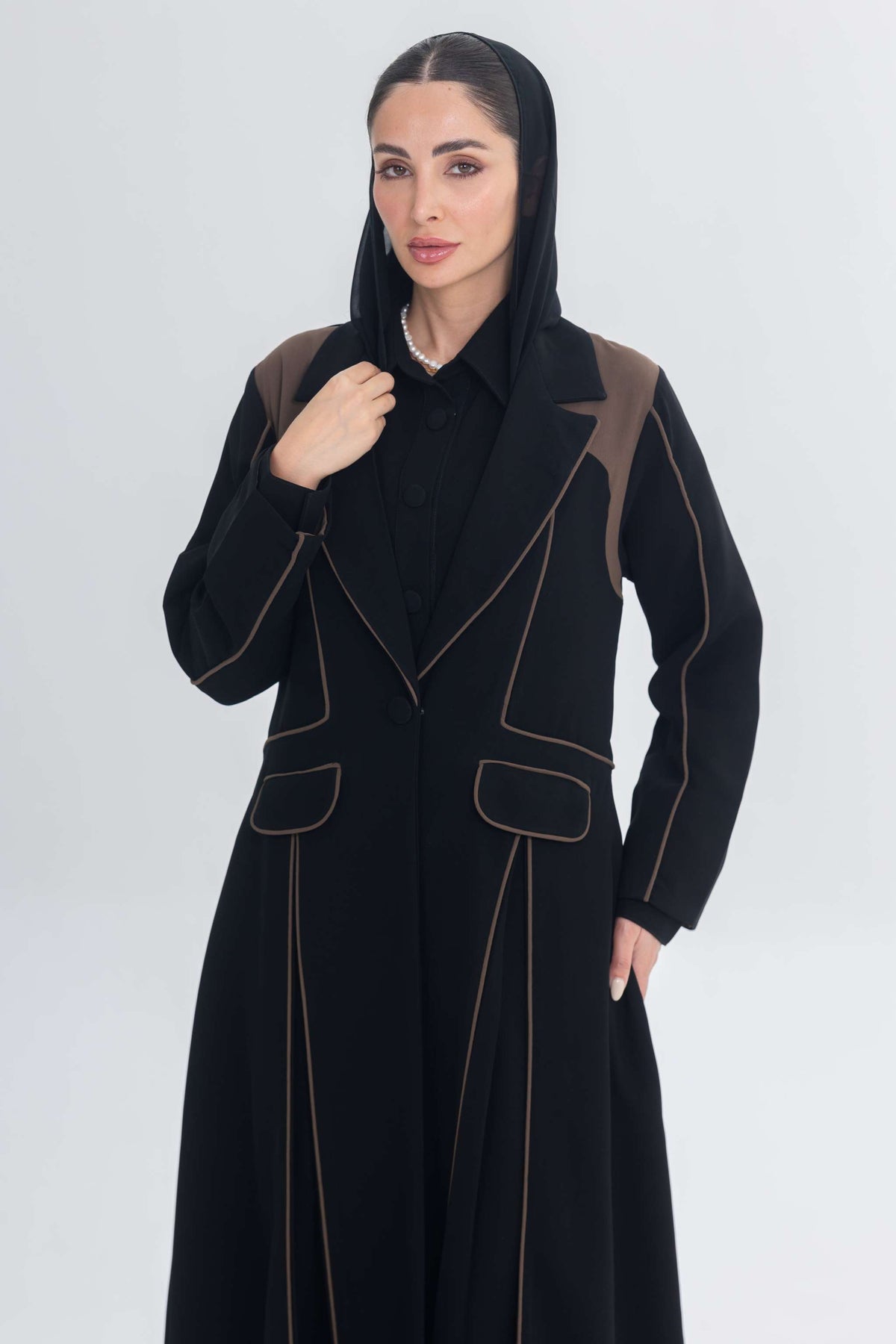 Black abaya with rich brown Cocoa Shadow 3D detailing and sophisticated tailored design