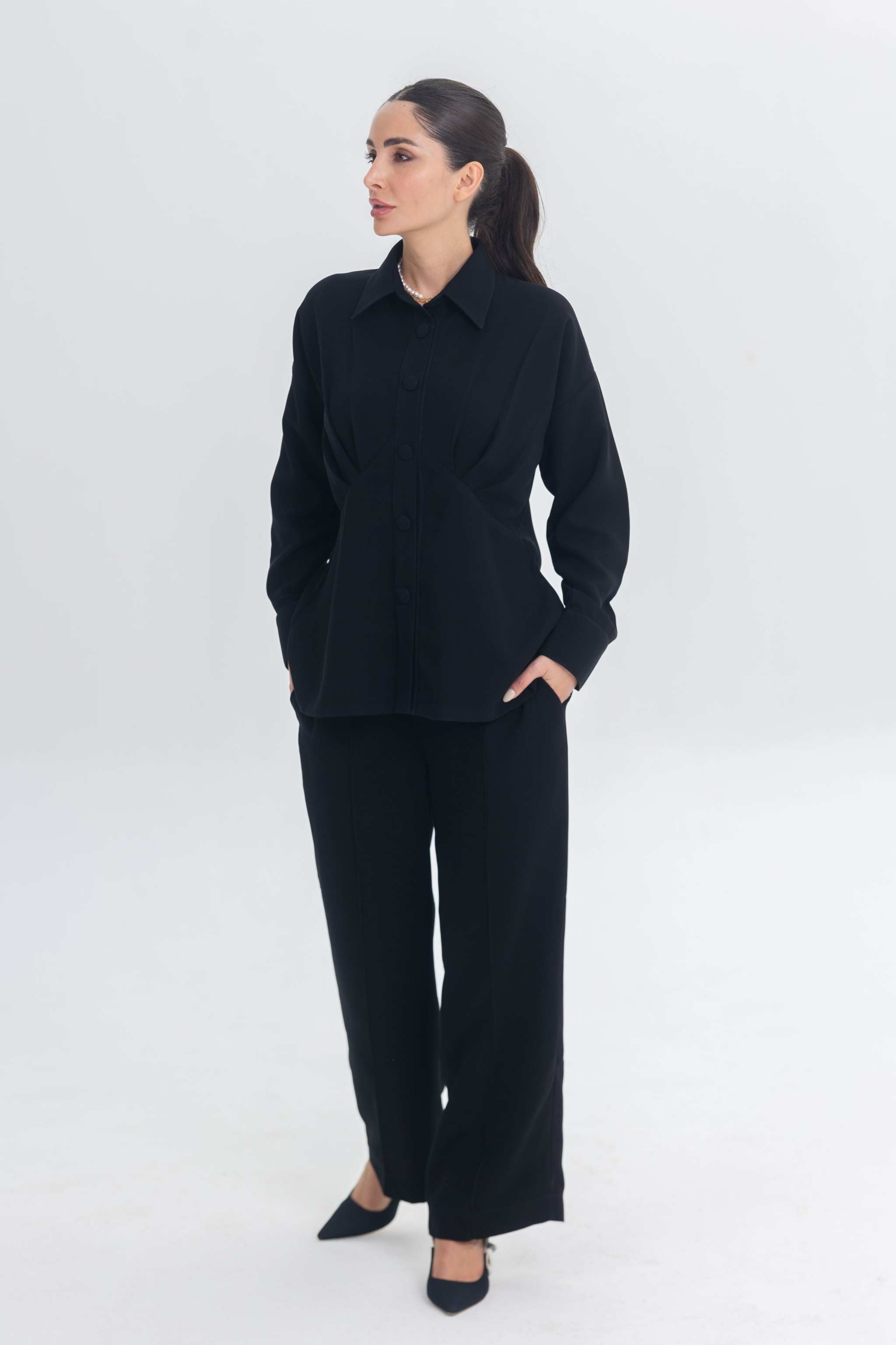 Essense Folds black modern modest inner set with sleek silhouette for layering under abayas