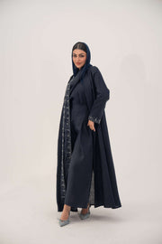 High-quality linen abaya with delicate shak beading on front panels and cuffs, open-front flowy design with structured shoulders