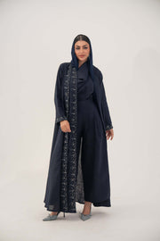 High-quality linen abaya with delicate shak beading on front panels and cuffs, open-front flowy design with structured shoulders