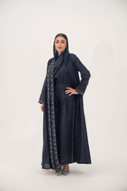 High-quality linen abaya with delicate shak beading on front panels and cuffs, open-front flowy design with structured shoulders