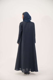 High-quality linen abaya with delicate shak beading on front panels and cuffs, open-front flowy design with structured shoulders