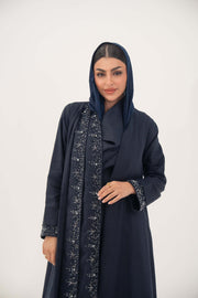 High-quality linen abaya with delicate shak beading on front panels and cuffs, open-front flowy design with structured shoulders