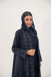 High-quality linen abaya with delicate shak beading on front panels and cuffs, open-front flowy design with structured shoulders