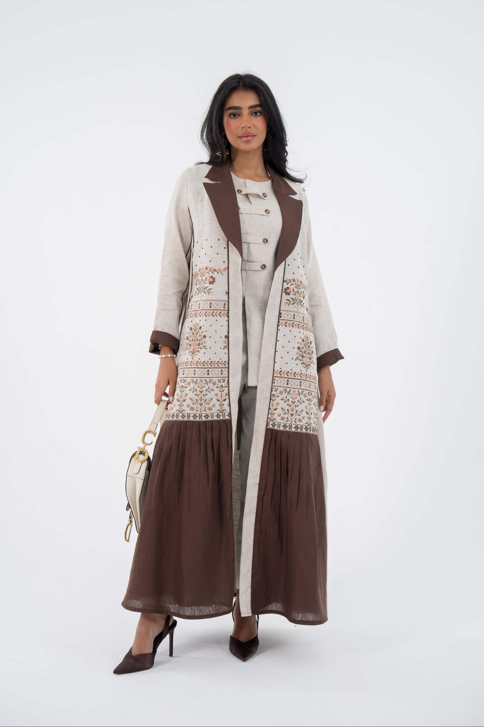 Beige and brown chiffon harmony linen abaya with floral embroidery and blazer-style design 844