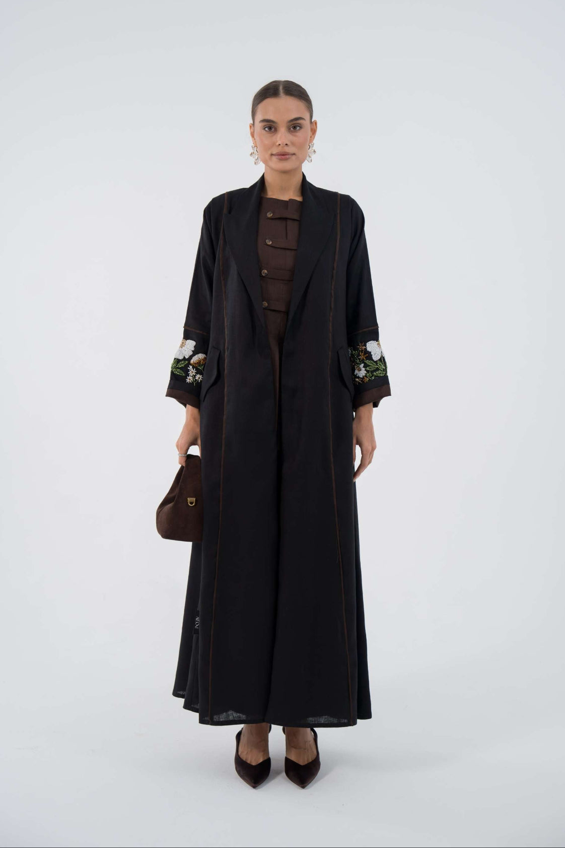 Black Embroidered Oasis Blazer Abaya with floral sleeve embroidery and flowing silhouette in lightweight linen