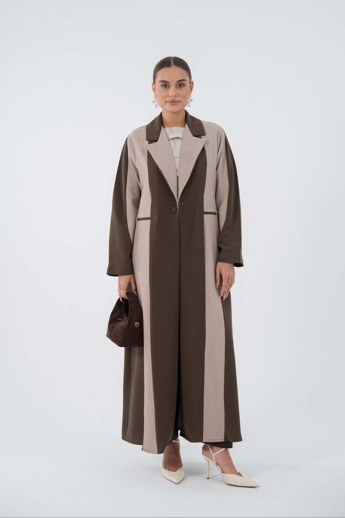 852 Shade Blazer Linen Abaya with brown and beige panels and long sleeves