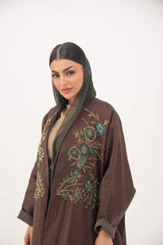 Brown bisht abaya with turquoise and gold floral embroidery and lightweight chiffon lining for elegant special occasions