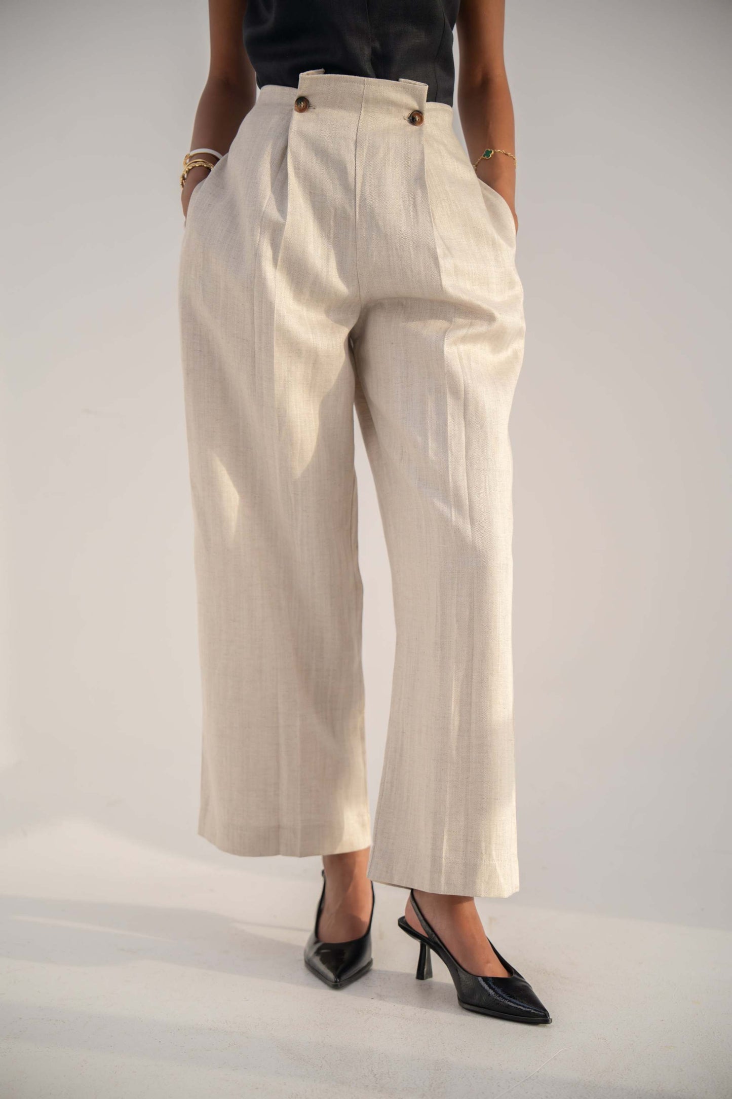 High-waisted beige Madeleine pants in twill linen blend with relaxed straight-leg fit
