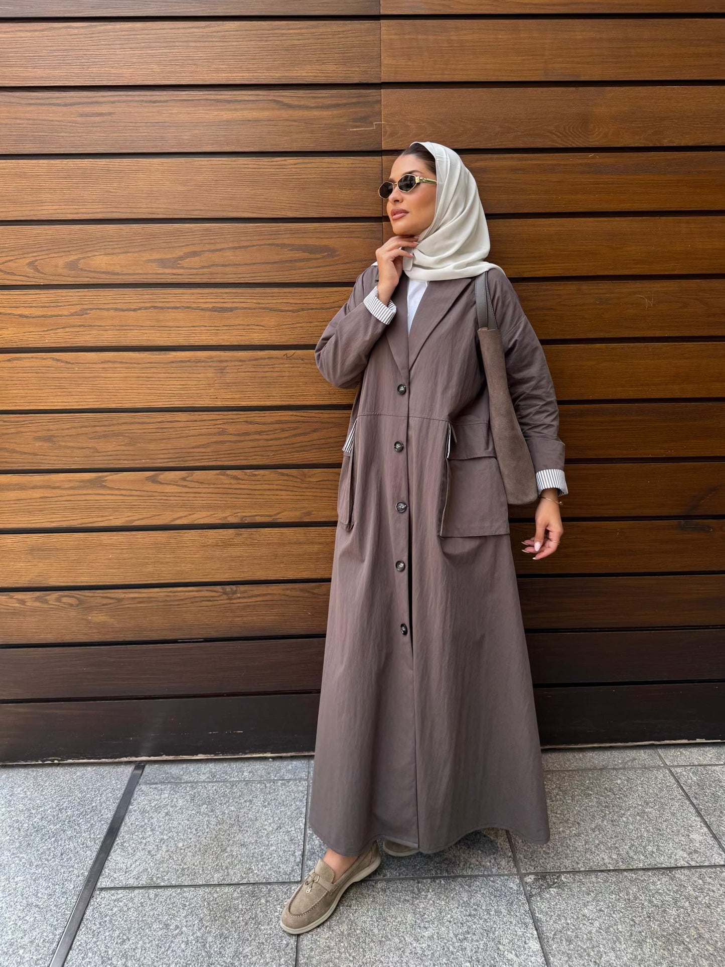 Taupe Button-Down Utility Abaya – Modern Elegance