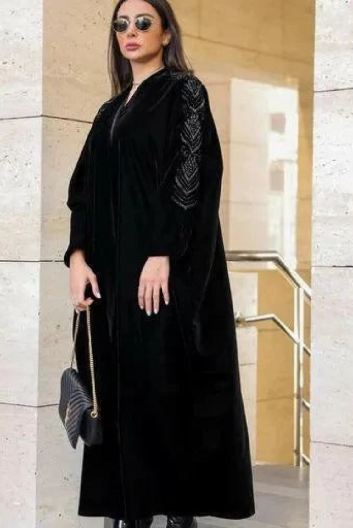 Black Silken Echo velvet bisht with hand embroidery on sleeves, freesize flowing cut for elegant comfort.
