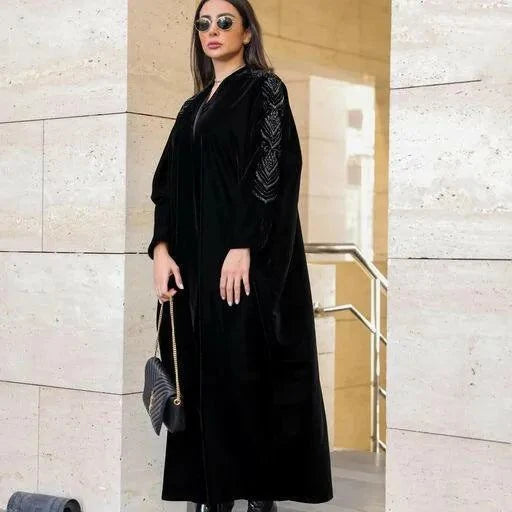 Black Silken Echo velvet bisht with hand embroidery on sleeves, freesize flowing cut for elegant comfort.