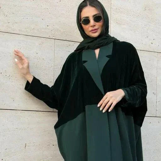 black abaya velvet with green and silver hand embroidery, elegant and comfortable design for formal or everyday wear
