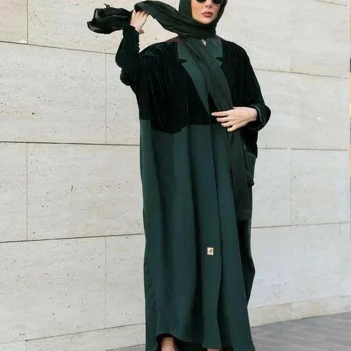 black abaya velvet with green and silver hand embroidery, elegant and comfortable design for formal or everyday wear