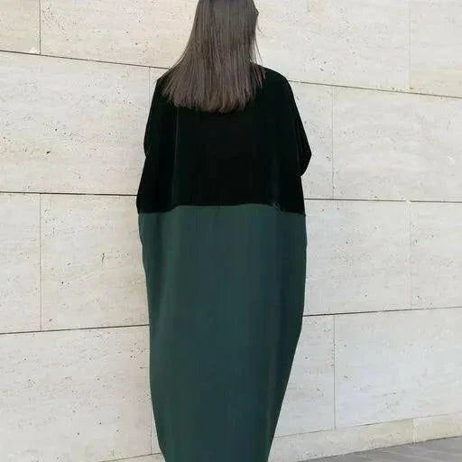 black abaya velvet with green and silver hand embroidery, elegant and comfortable design for formal or everyday wear