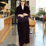 Elegant violet velvet Galaxy abaya with intricate hand embroidery and luxurious texture ideal for special occasions