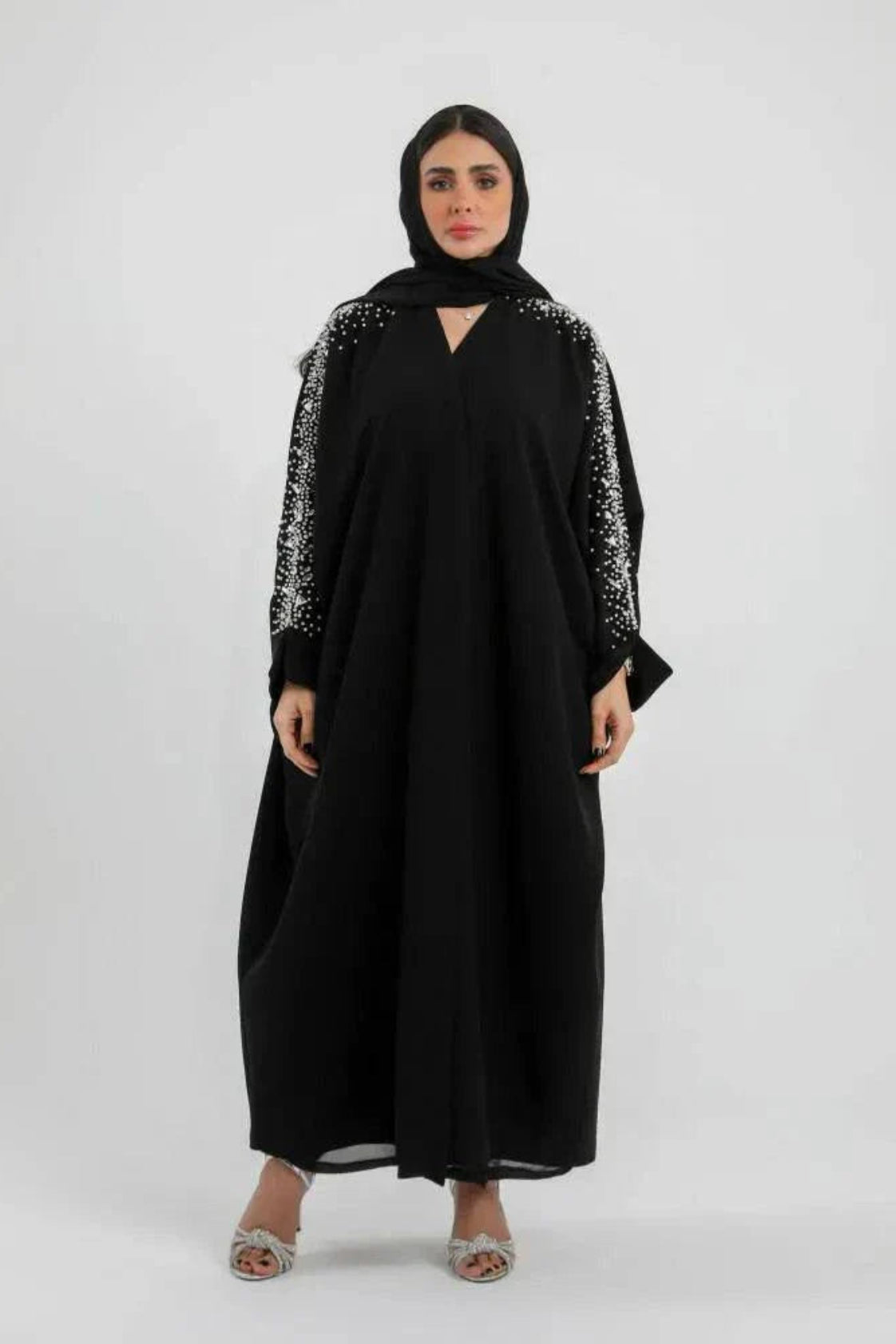 Black bisht from crepe with silver embroidery on sleeves, loose freesize cut for elegant and comfortable wear