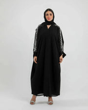 Black bisht from crepe with silver embroidery on sleeves, loose freesize cut for elegant and comfortable wear