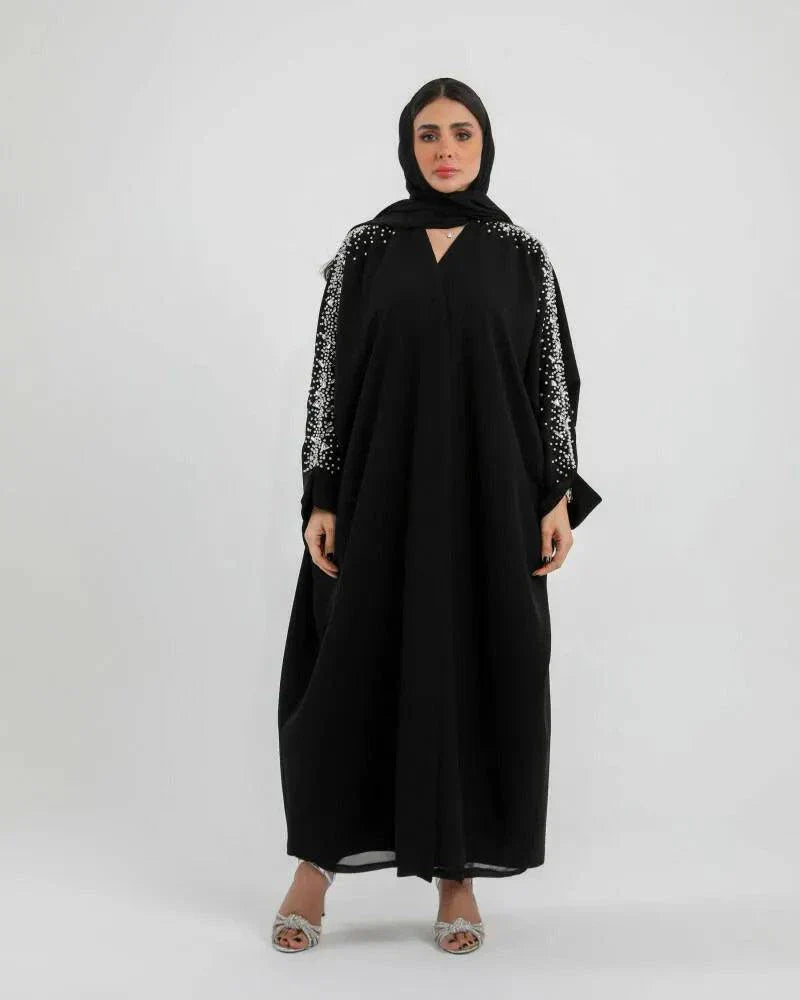 Black bisht from crepe with silver embroidery on sleeves, loose freesize cut for elegant and comfortable wear