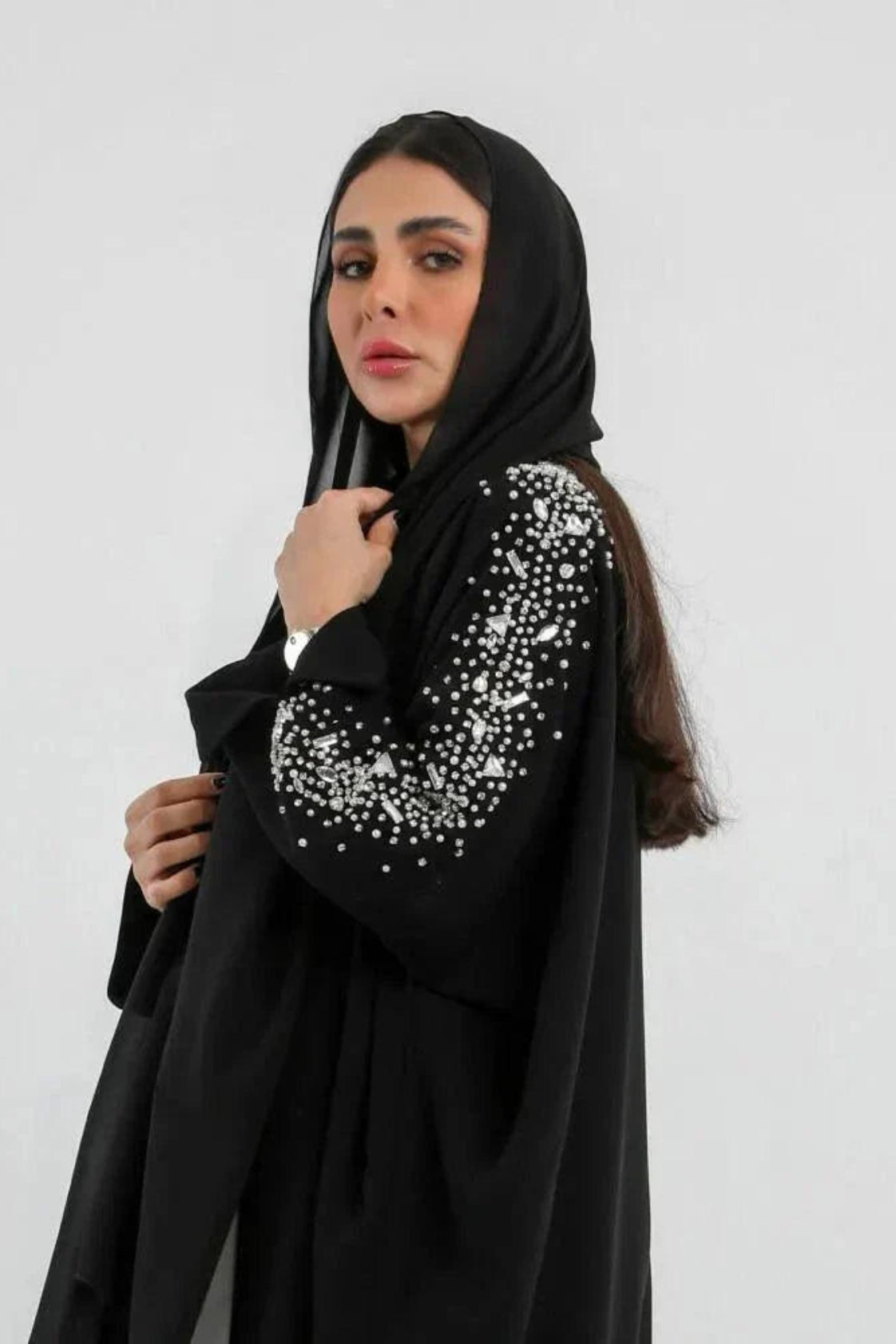Black bisht from crepe with silver embroidery on sleeves, loose freesize cut for elegant and comfortable wear