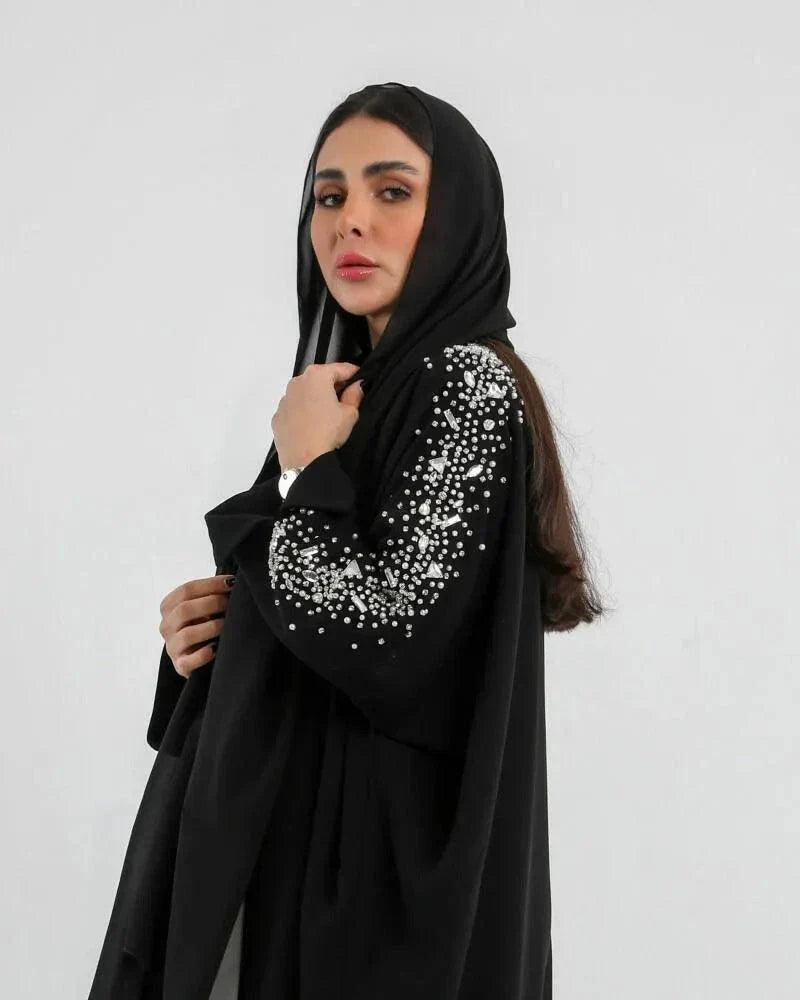 Black bisht from crepe with silver embroidery on sleeves, loose freesize cut for elegant and comfortable wear