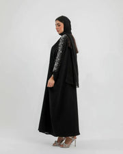 Black bisht from crepe with silver embroidery on sleeves, loose freesize cut for elegant and comfortable wear
