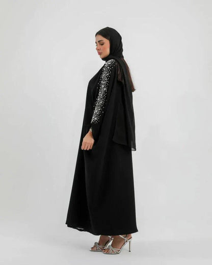 Black bisht from crepe with silver embroidery on sleeves, loose freesize cut for elegant and comfortable wear