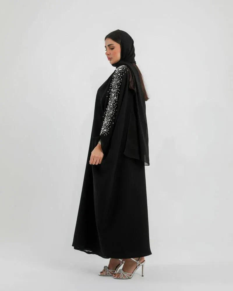 Black bisht from crepe with silver embroidery on sleeves, loose freesize cut for elegant and comfortable wear