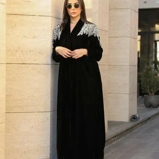 black velvet abaya with intricate white and silver embroidery on shoulders, elegant and luxurious design - black abaya